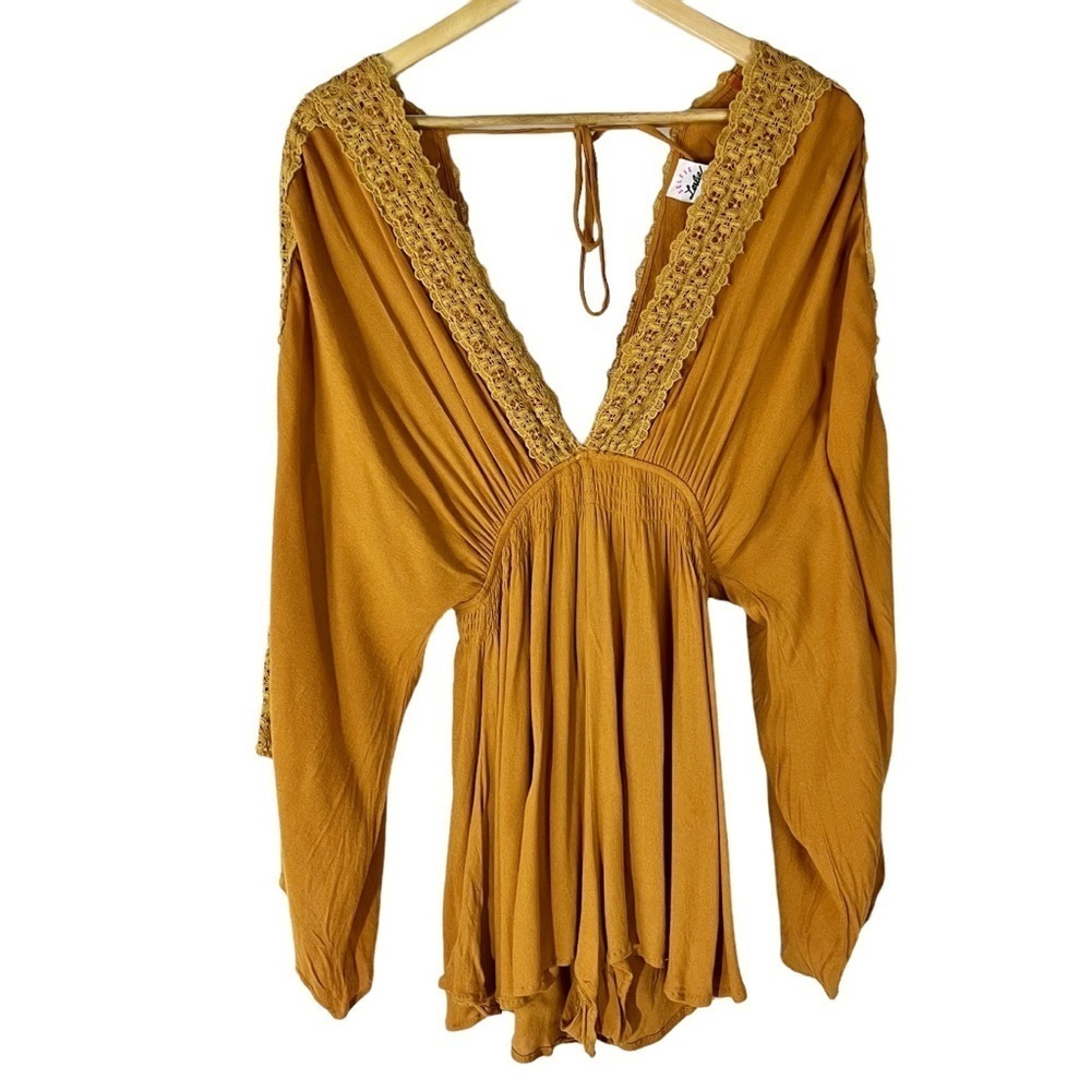 Selfie Leslie Mustard Yellow Lace Romper Boho Bohemian
